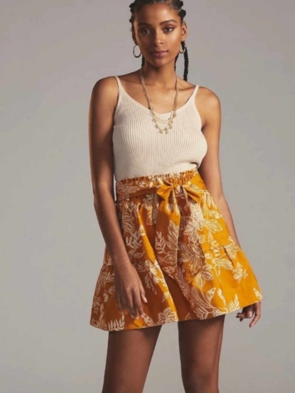 Anthropologie Maeve Somerset Tiered Mini Skirt Mustard Yellow & White Sz XS